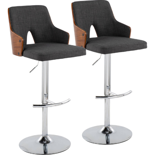 Stella Adjustable Swivel Bar Stool in Chrome, Walnut Wood & Charcoal Fabric (Set of 2)